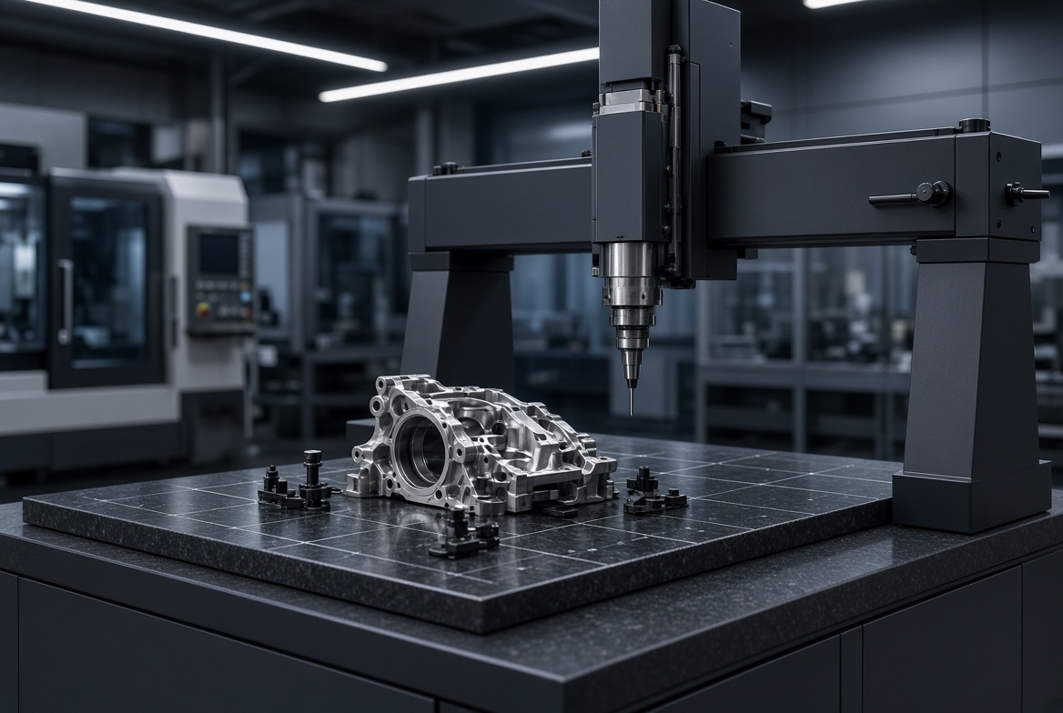 Coordinate measuring machine inspecting a precision machined part